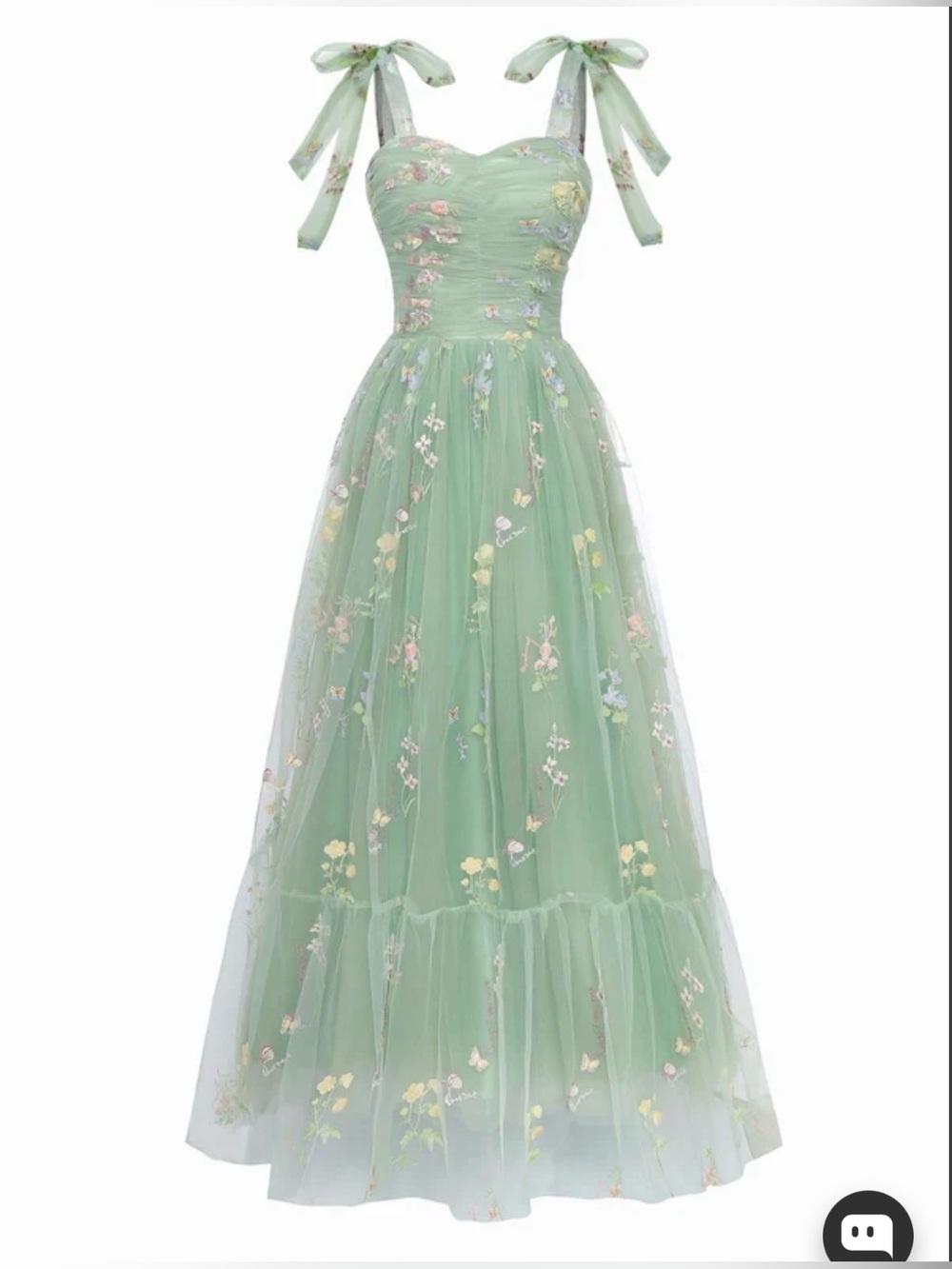 Retro Stage Mint Green Floral Embroidered Tie-Shoulder Tulle Dress